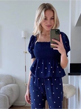 Hill House Jeweled Smocked Blouse Navy Blue XS